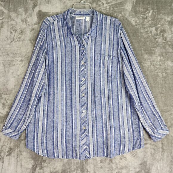 Susan Graver Blouse Womens XL Blue Stripe Linen Blend Cross-Dyed Button Tunic - Picture 1 of 10